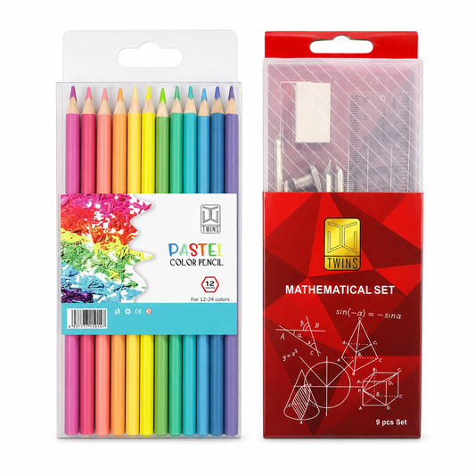 A&T Offer Math Set + Colored Pencil Pack  || مجموعة قرطاسية اطلس باكيت الوان خشبية باستيل و علبة هندسة