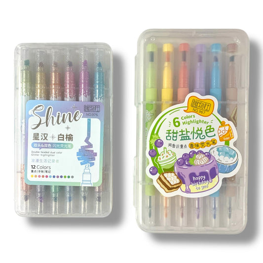 Atlas Offer Glitter Highlighter 12 Colors and 6 Color Highlighter Set || مجموعة أطلس الوان هايلايتر قلتر زري 12 لون و اقلام فسفوري 12 لون 