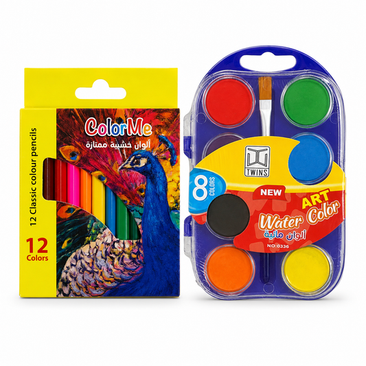A&T Offer Short Colored Pencil Pack + Small Watercolor Pallet || مجموعة قرطاسية اطلس الوان خشبية قصيره 12 لون و الوان مائية صغيرة 8 لون
