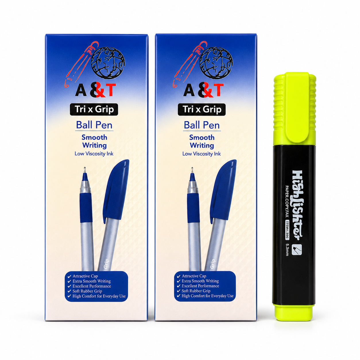 A&T Offer 2 Packs Tri Grip Pens + Highlighter  || مجموعة قرطاسية اطلس 2 باكيت اقلام حبر مثلث مع قلم فسفوري