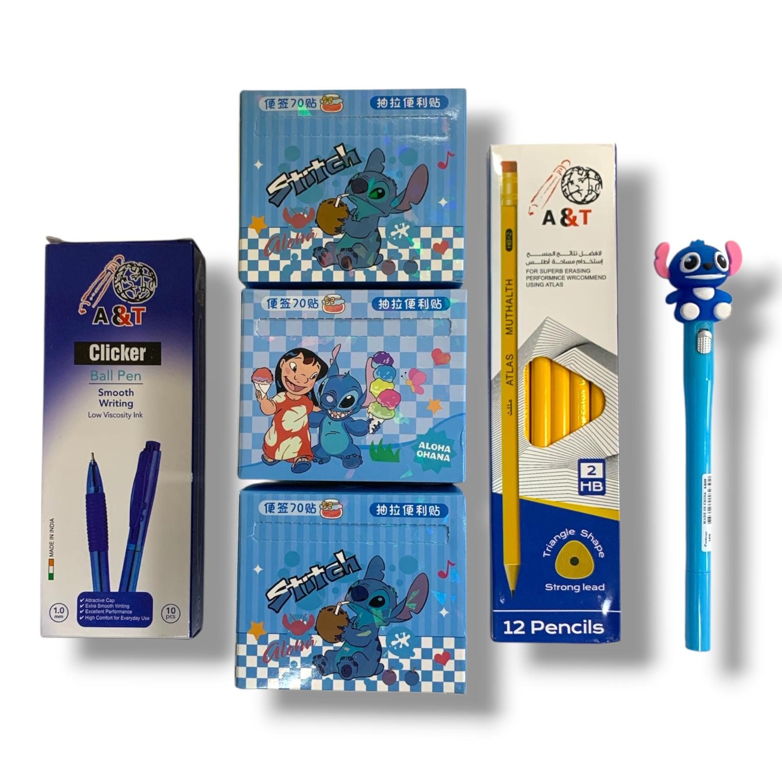 A&T Offer 3 character stamps+ pack ballpoint pens + pack pencils + glow-in-the-dark pen || مجموعة قرطاسية اطلس 3 طباعات و باكيت اقلام رصاص و باكيت اقلام حبر و قلم مضيئ