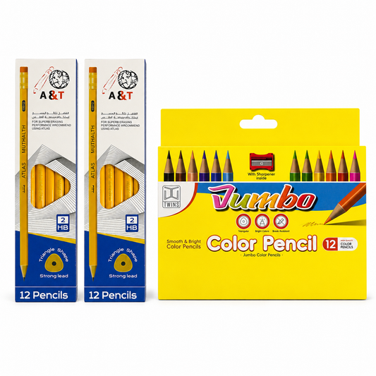 A&T Offer 2 pack pencils + pack 12 Short Jumbo Colored Pencils || مجموعة قرطاسية اطلس 2 باكيت اقلام رصاص والوان خشبية قصيرة جامبو 