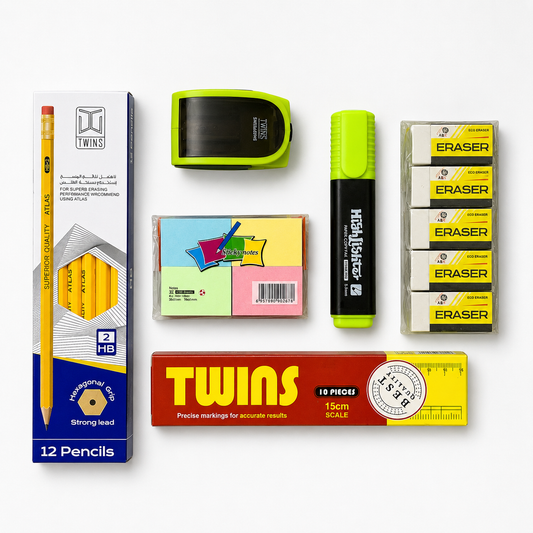 A&T 6-piece stationery set + transparent pencil case || مجموعة قرطاسية  6 قطع + مقلمه شفافه