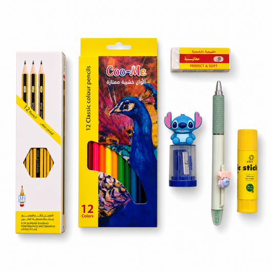 A&T 6-piece stationery set + transparent pencil case || مجموعة قرطاسية  6 قطع + مقلمه شفافه 