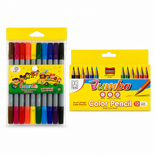A&T packages 10 Twin Tip Markers + 12 Short Colored Pencils Jumbo || مجموعة قرطاسية اطلس الوان شينية راسين 10 لون و الوان خشبية قصيرة 12 لون جامبو