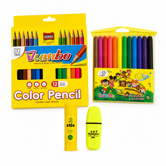 A&T packages 12 Markers + 12 Colored Pencils Jumbo + 8g Glue + Mini Highlighter || مجموعة قرطاسية اطلس الوان شينية 12 لون و الوان خشبية جامبو 12 لون و صمغ و فسفوري