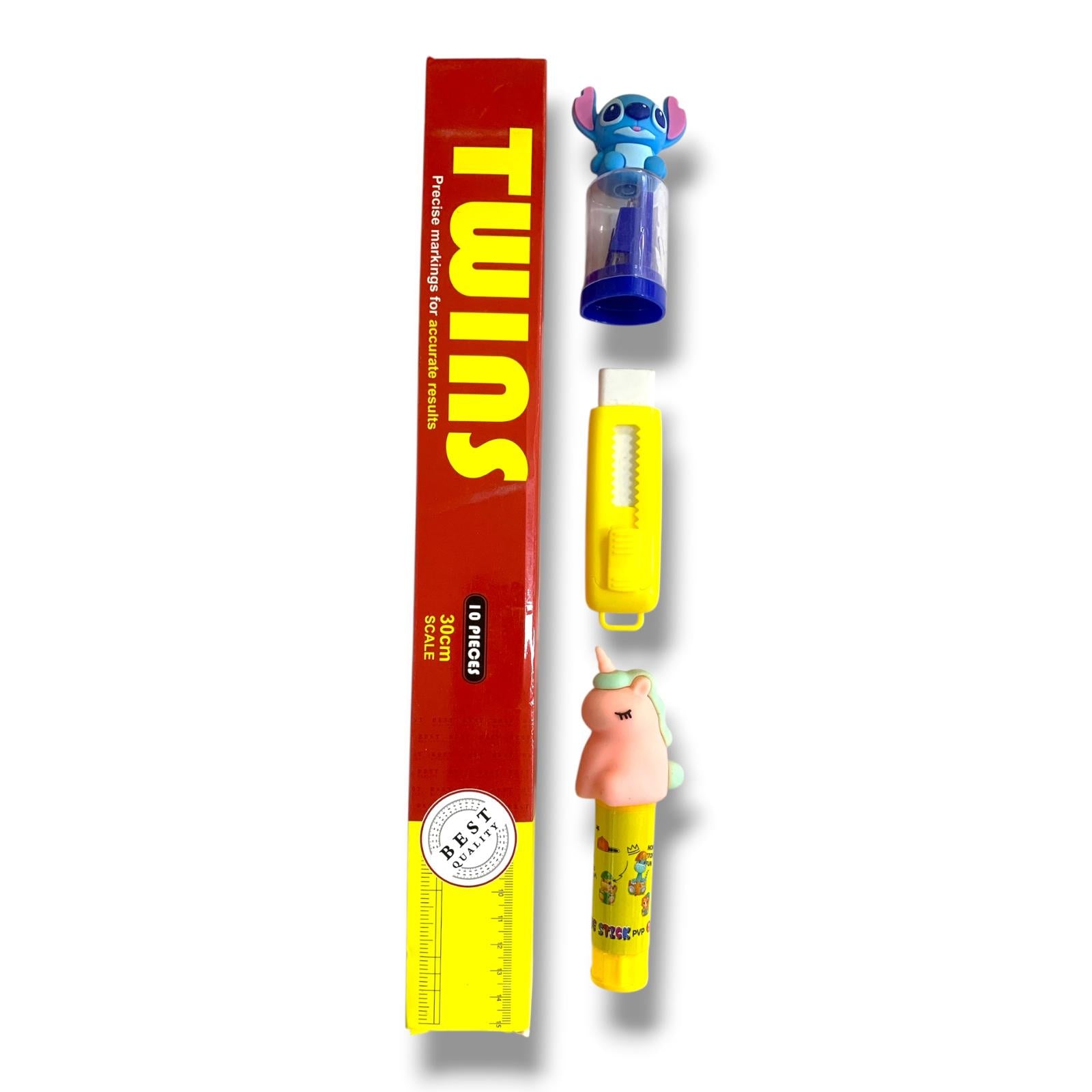 A&T packages Ruler Pack 30 cm 10 Pcs + Sharpener + eraser + Glue || مجموعة قرطاسية اطلس مساطر 30 سم 10 حبة و براية و محاية و صمغ