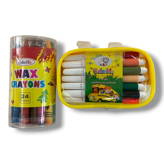 A&T Stationery Packages Short Colored Markers 24 Colors + Colored Crayons 24 Colors || مجموعة قرطاسية اطلس الوان شينية قصيرة 24 لون و 24 لون شمعي
