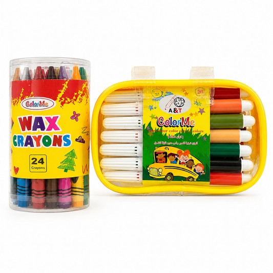A&T Stationery Packages Short Colored Markers 24 Colors + Colored Crayons 24 Colors || مجموعة قرطاسية اطلس الوان شينية قصيرة 24 لون و 24 لون شمعي