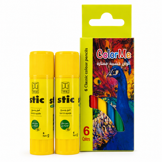 A&T Short colored pencil, 6 colors + 2 x 8g glue sticks || مجموعة قرطاسية اطلس الوان خشبيه قصير 6 لون + 2حبه صمغ 8 جرام