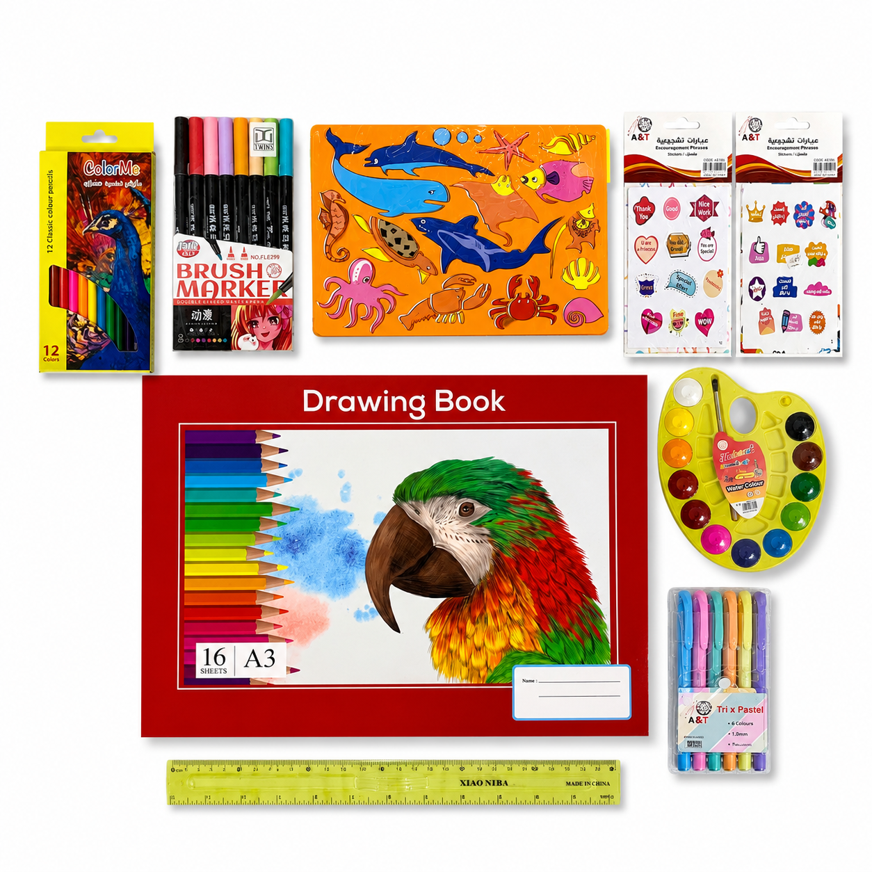 8-piece stationery set + A3 transparent file || مجموعة قرطاسية 8 قطع + ملف شفاف اي ثري