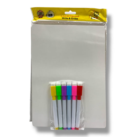 A&T Write and Erase Sticky White Board Package 12 Boards 6 Markers || مجموعة سبورة لاصقة اي اند تي ١٢ صبورة ٦ قلم