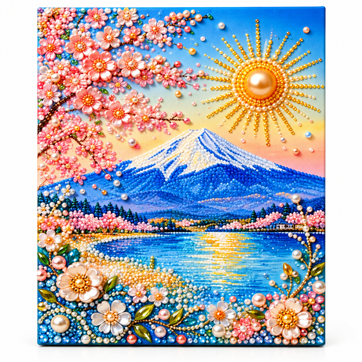 DIY Rhinestone Canvas Activity 30 x 40 cm - Sun over Mountain Lake || نشاط تزيين كانفاس بالأحجار اللامعة 30 × 40 سم - شمس فوق بحيرة جبلية - Completed design example