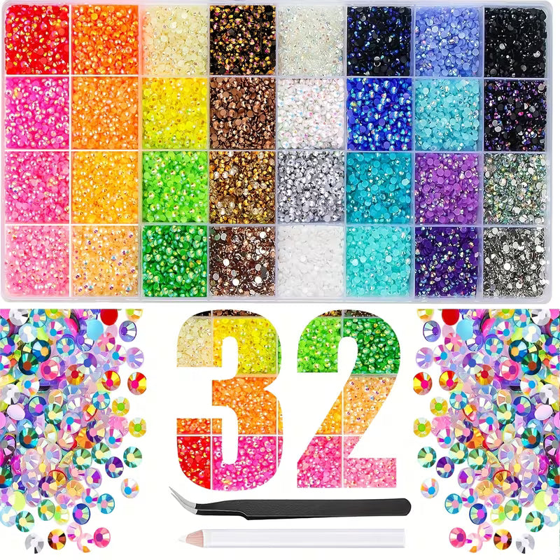 Bedazzled Crystals 32 Colors with Glue Set || مجموعة بيدازلد كريستال 32 لون مع صمغ