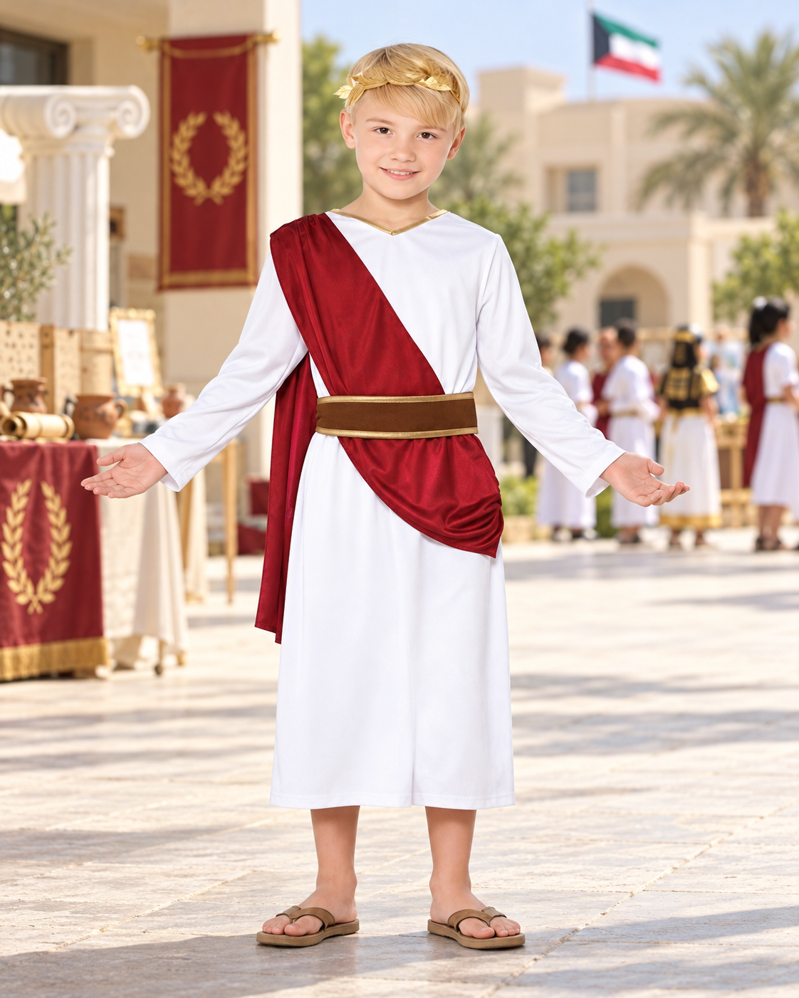 زي روماني الطابع أبيض مع وشاح أحمر – مقاس XL (140–150 سم)