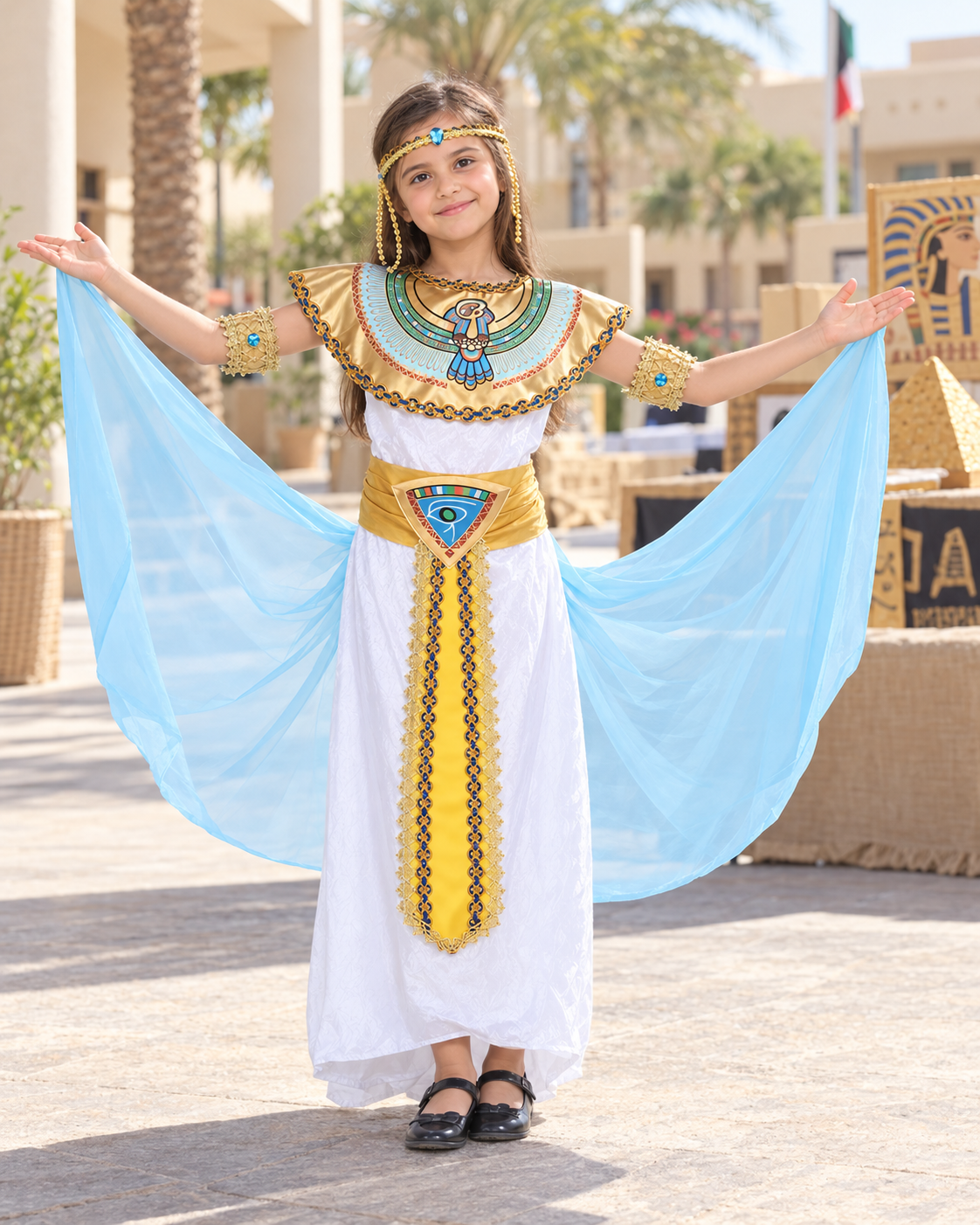 فستان تنكري مصري الطابع بالأبيض والذهبي – مقاس XL (130–140 سم)