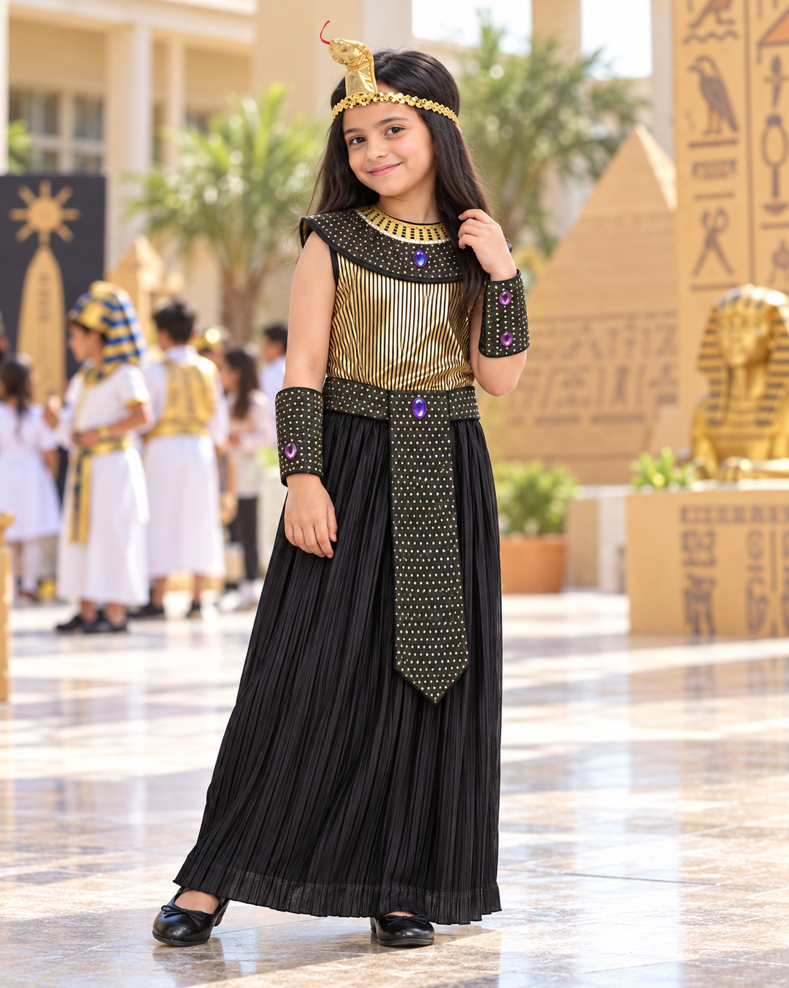 Black and Gold Egyptian-Style Costume Dress – Size XL (130–140 cm) || فستان تنكري مصري الطابع بالأسود والذهبي – مقاس XL (130–140 سم)