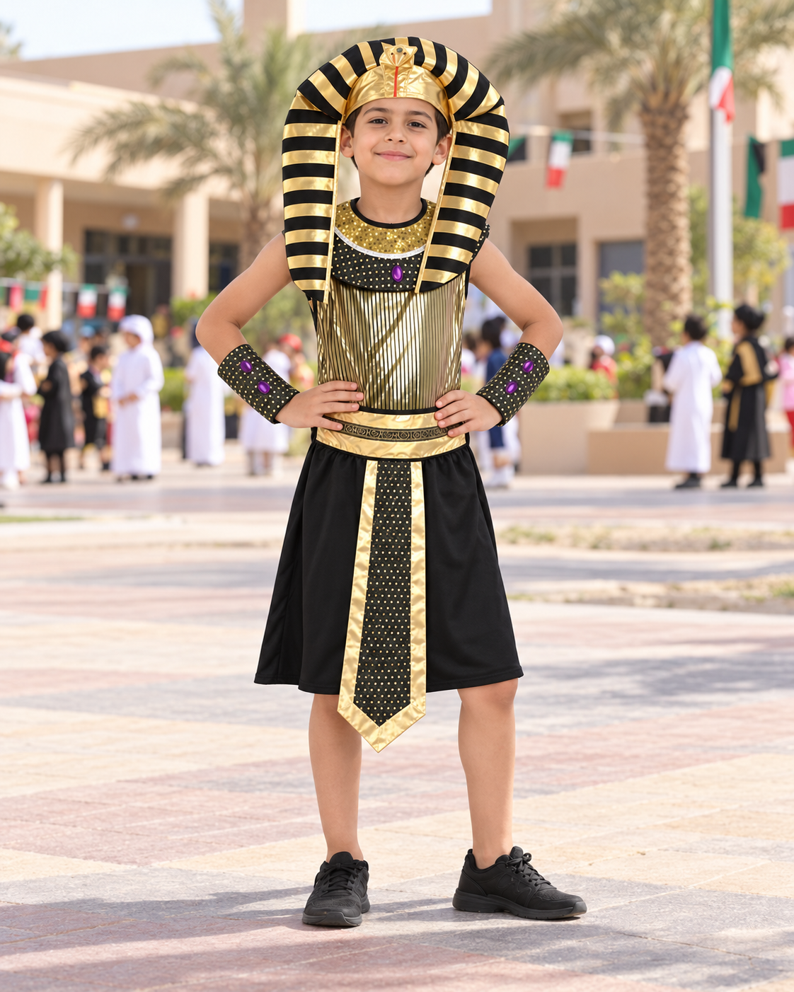 طقم زي فرعون بالأسود والذهبي – مقاس XL (130–140 سم)