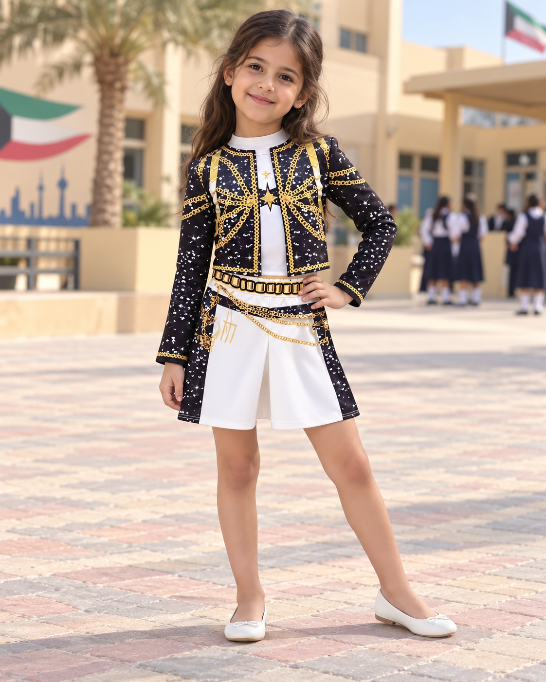Black and Gold Chain-Print Stage Costume – Size XL (140–150 cm) || زي استعراضي أسود وذهبي بطبعة سلاسل – مقاس XL (140–150 سم)