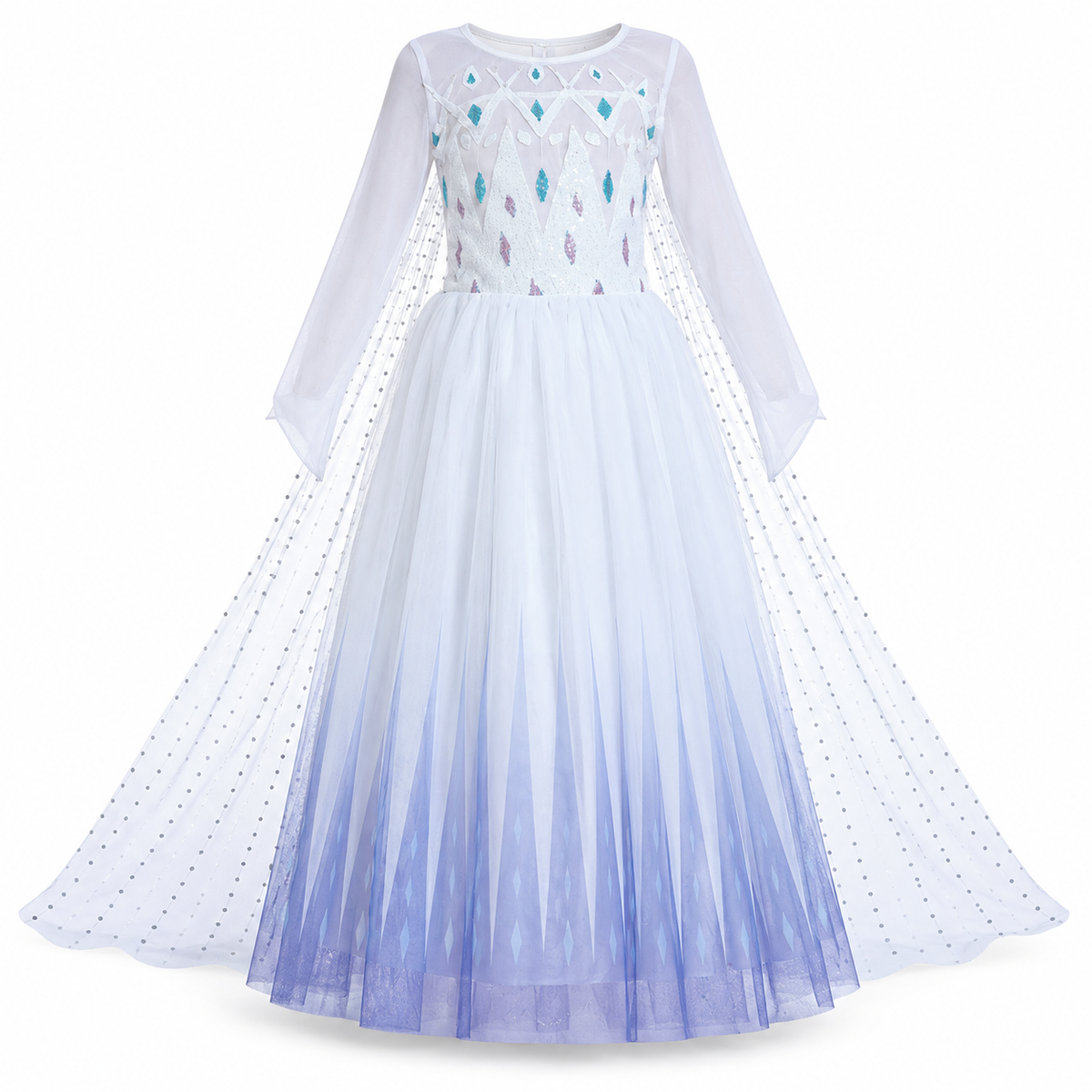 White Ice Princess Costume Dress with Cape – Size XL || فستان أميرة الثلج أبيض مع كاب – مقاس XL