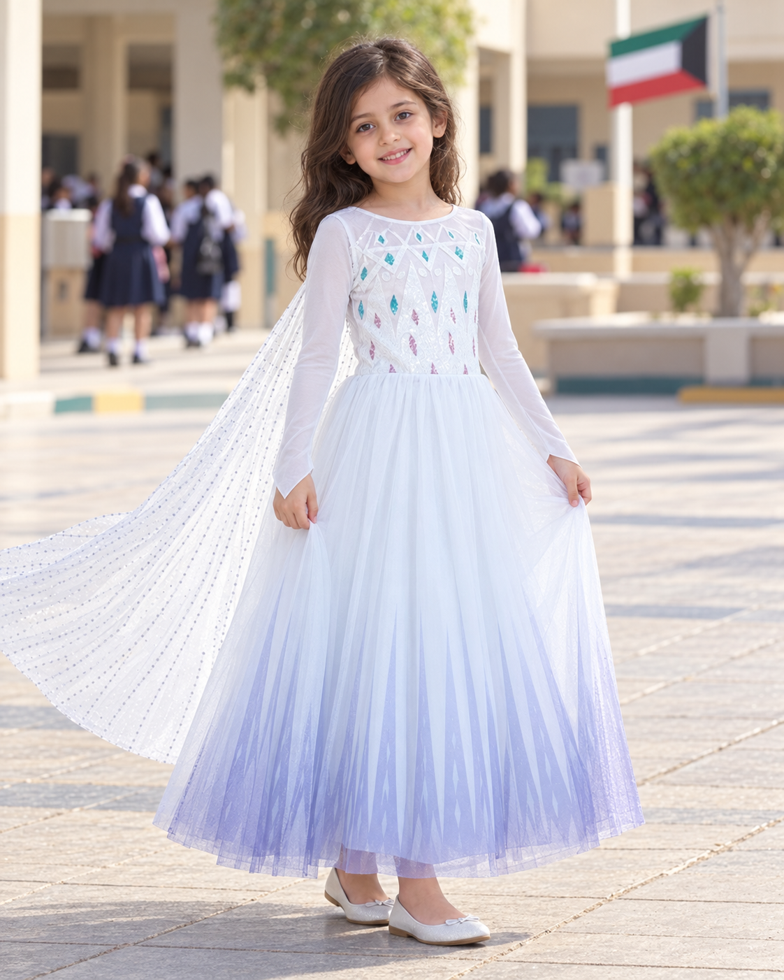 White Ice Princess Costume Dress with Cape – Size XL || فستان أميرة الثلج أبيض مع كاب – مقاس XL