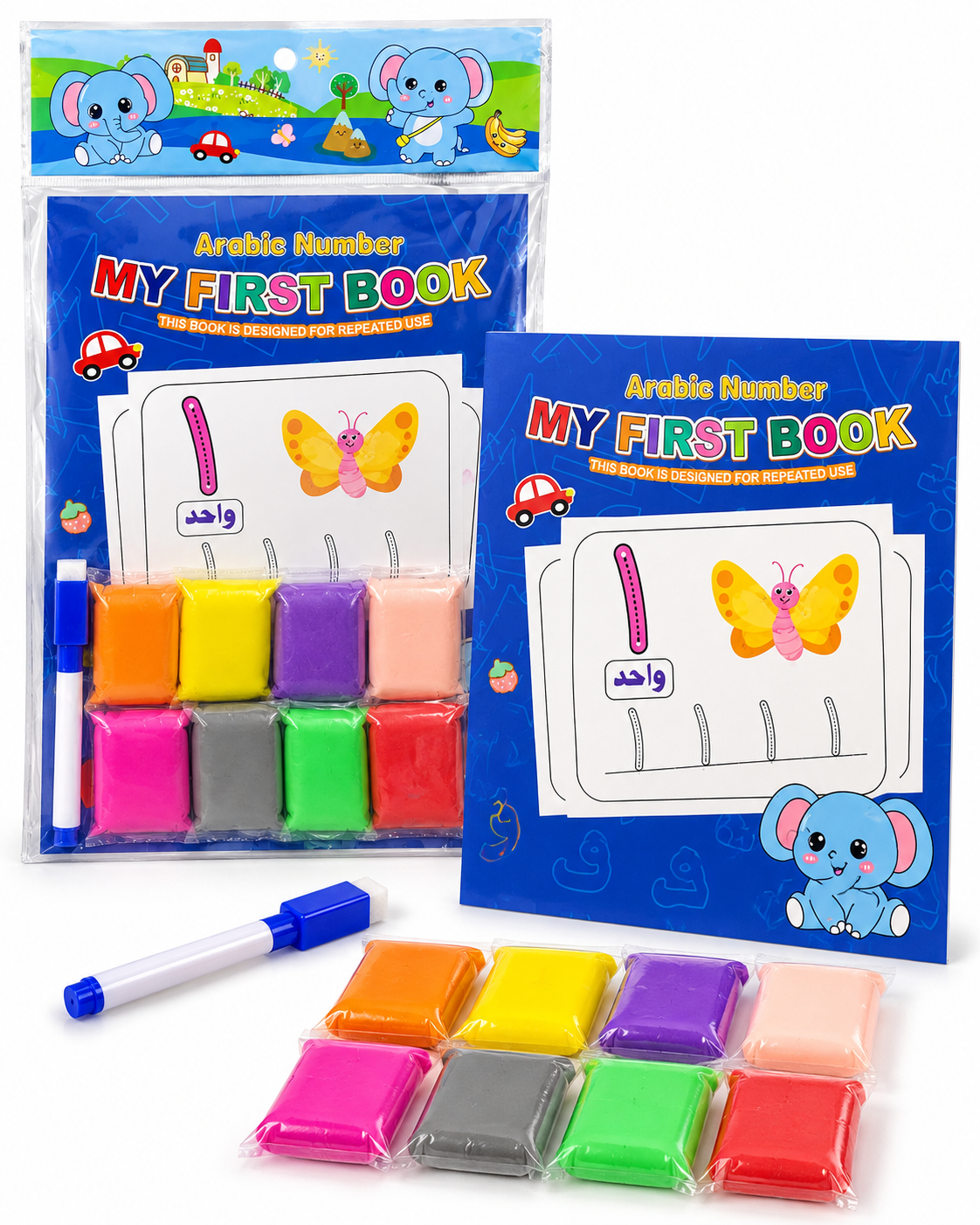 My First Book Arabic Numbers Educational Notebook with 8-Colour Light Clay – Elephant || دفتر تعليمي للأرقام العربية مع طين خفيف 8 ألوان – الفيل