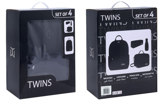 Twins Back To School Set 4 Pcs Backpack + Lunch bag + Pencil Case + Stainless Steel Water Bottle Black || مجموعة العودة للمدرسة 4 قطع جنطة ظهر و جنطة اكل و مقلمه و مطارة ماء ستيل اسود