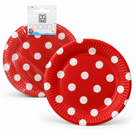 TWINS Red Polka Dot Party Plates – Large || أطباق حفلات حمراء بنقاط – كبير