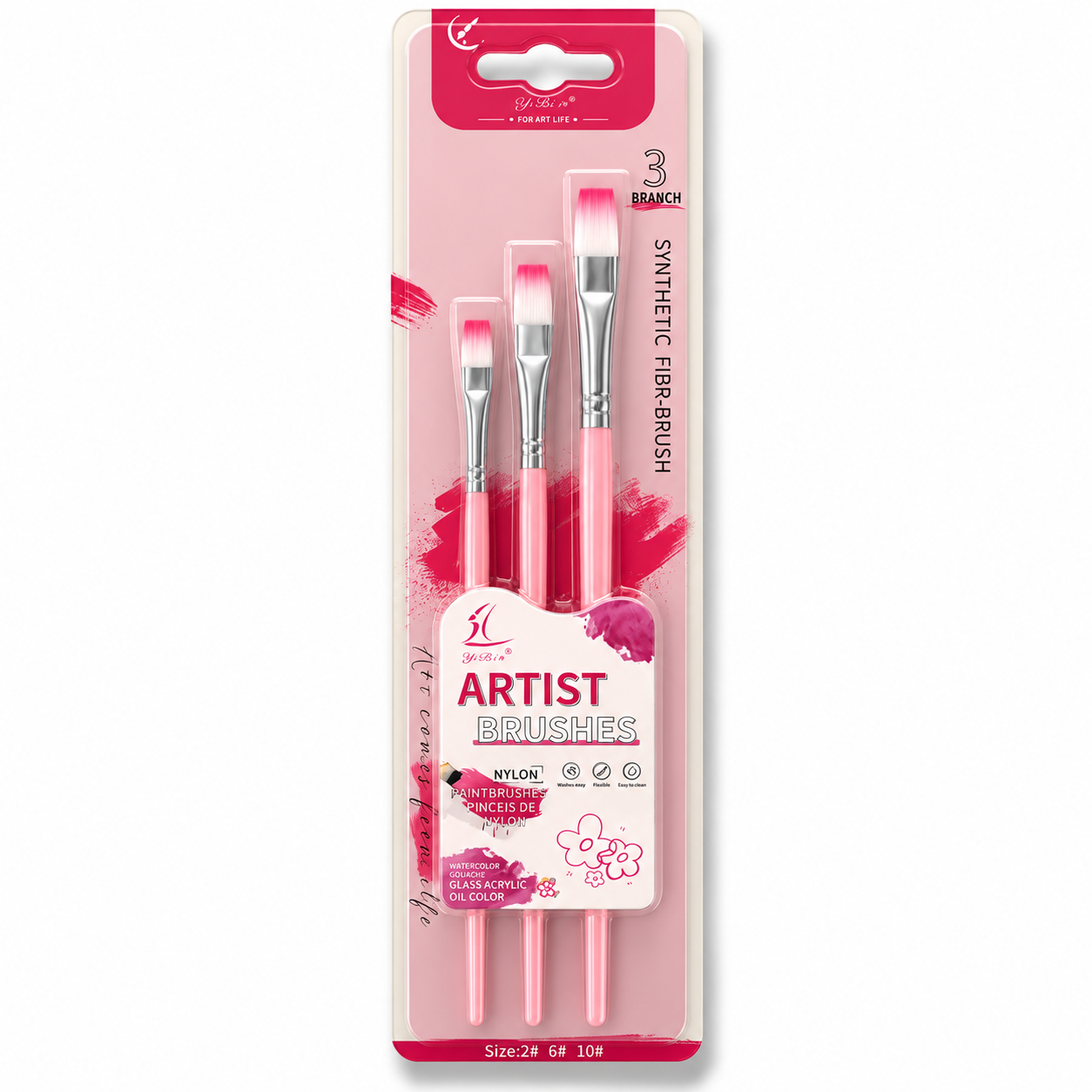 Flat Painting Brush Pack 3 Pcs Pink || مجموعة فرش رسم مشطوف 3 حبة وردي