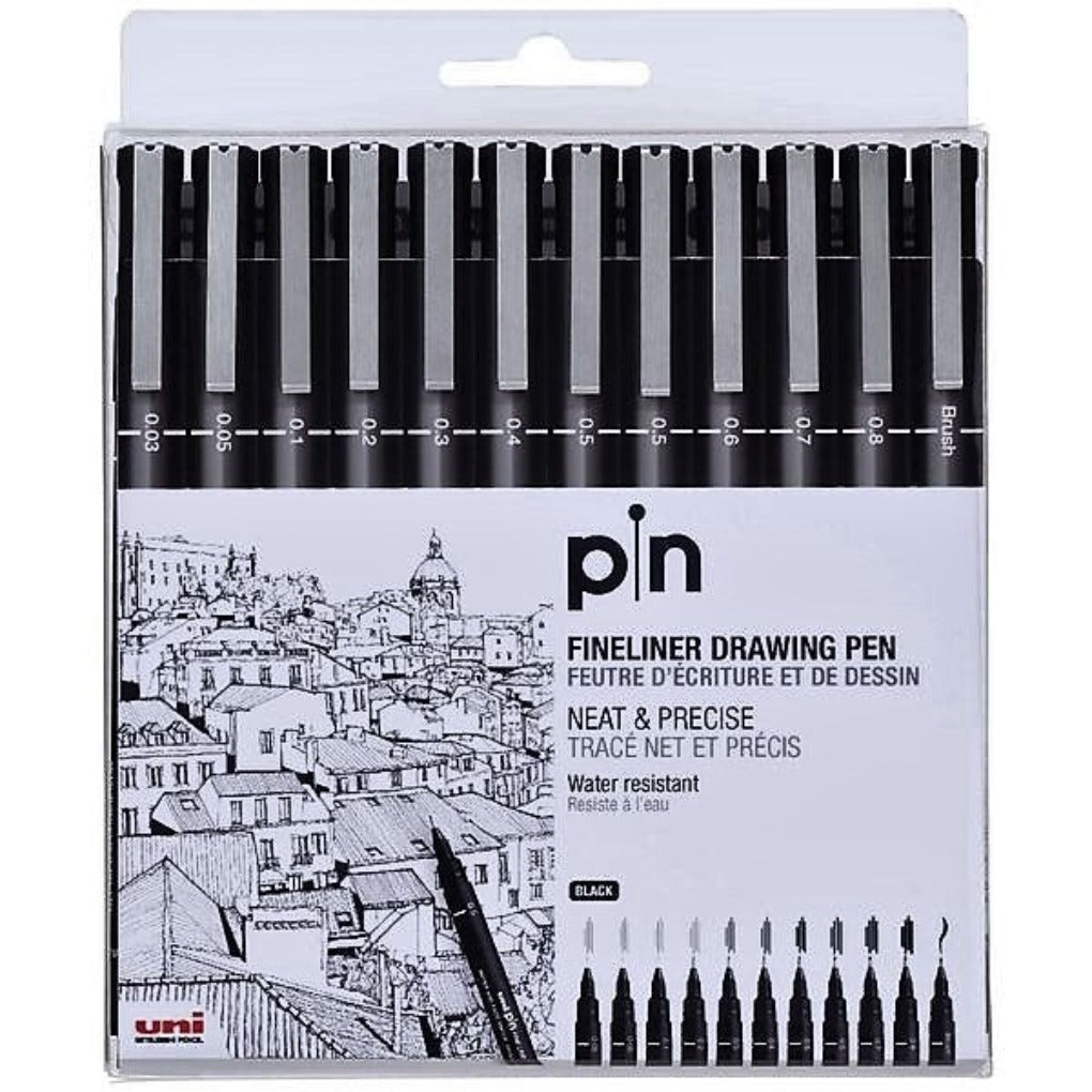 Uni Pin Fineliners Assorted Nib Sizes Black Pens || اقلام يونيبول فاين لينير اسود 12 درجه