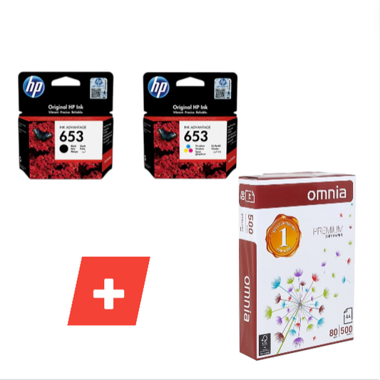 653 hp printer ink set + A4 Paper || طقم حبر طابعة اسود و ملون ٦٥٣ مع ورق تصوير اي فور