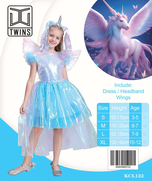 Iridescent Blue Unicorn Dress with Wings and Headband Kids Costume || لبس أطفال فستان يونيكورن أزرق لامع مع أجنحة وطوق رأس — supplier reference