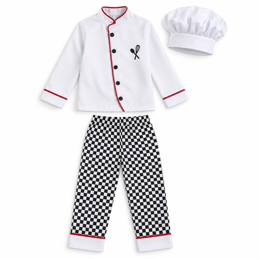 Chef Costume with Hat and Checked Trousers || زي الطباخ مع قبعة وبنطال كاروهات — costume product image