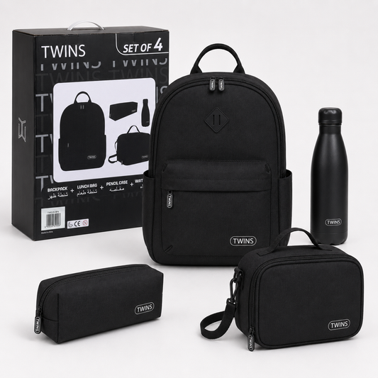 Twins Back To School Set 4 Pcs Backpack + Lunch bag + Pencil Case + Stainless Steel Water Bottle Black || مجموعة العودة للمدرسة 4 قطع جنطة ظهر و جنطة اكل و مقلمه و مطارة ماء ستيل اسود