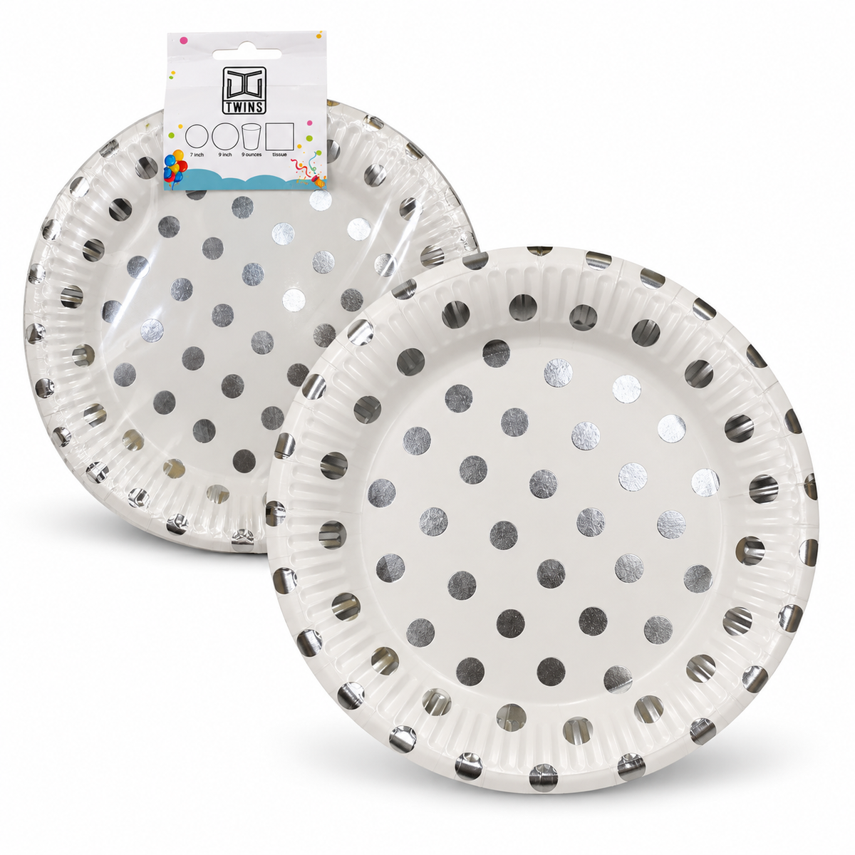 TWINS Silver Polka Dot Party Plates – Large || أطباق حفلات فضية بنقاط – كبير