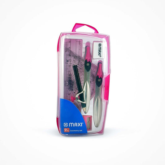 Maxi Plastic Geometry Box 9 Pcs Pink || علبة هندسة ماكسي ٩ قطعة لون وردي