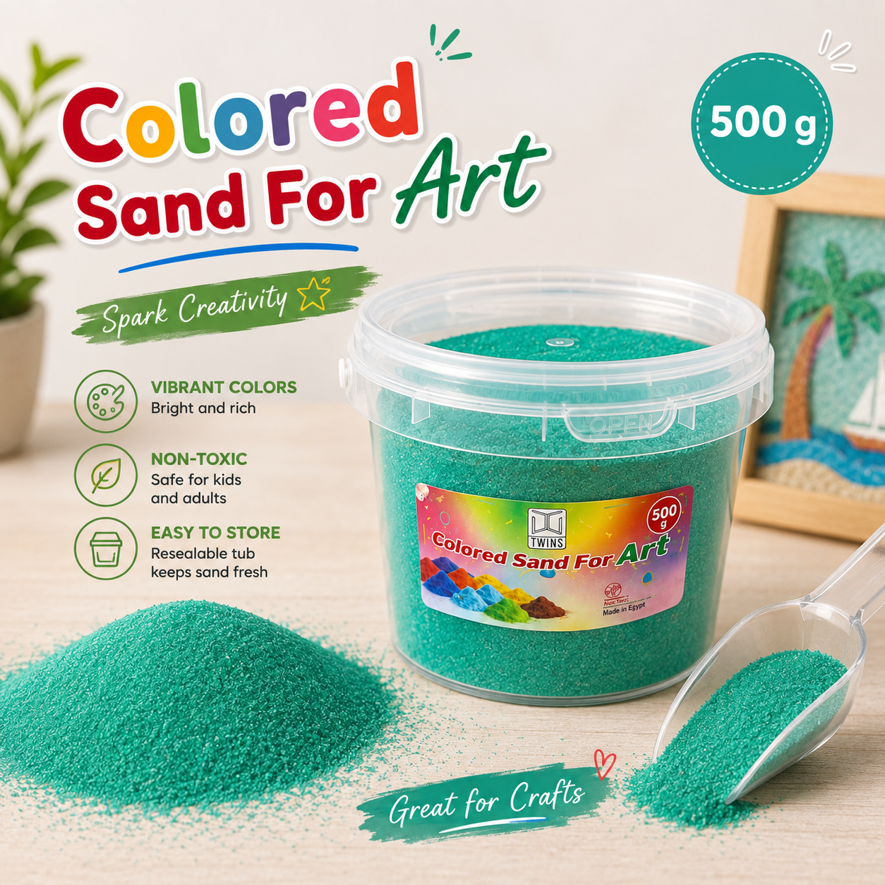 Twins Colored Sand 500g Green || رمل ملون توينز 500 جرام اخضر