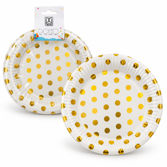 TWINS Gold Polka Dot Party Plates – Large || أطباق حفلات ذهبية بنقاط – كبير