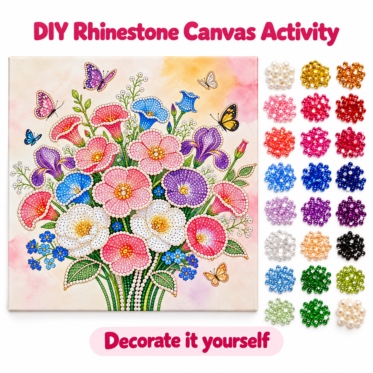 DIY Rhinestone Canvas Activity 30 x 30 cm - Flower Bouquet || نشاط تزيين كانفاس بالأحجار اللامعة 30 × 30 سم - باقة زهور