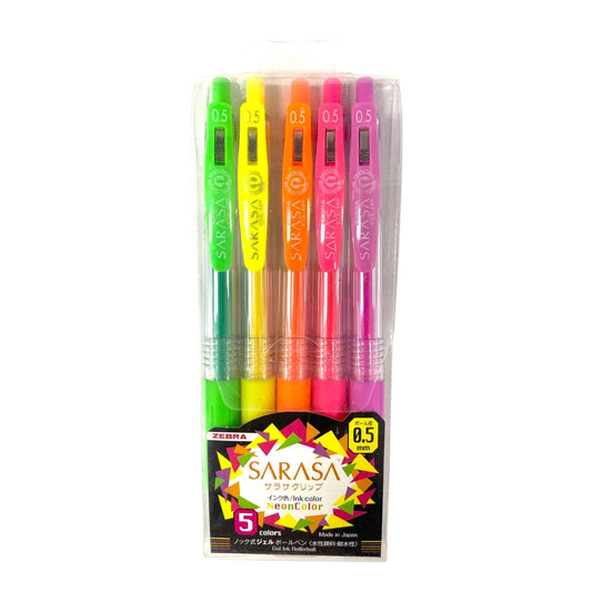 Zebra Sarasa Colored Pens Pack 5 Neon Colors 0.5 Tip Size || مجموعة اقلام حبر زيبرا ساراسا ٥ الوان نيون حجم ٠.٥