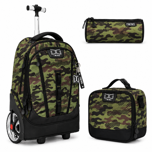 18“ Big wheel Trolley Backpack 3PCS Army Green || شنطة ترولي 18انش عجل كبير 3 قطع جيشي اخضر توينز