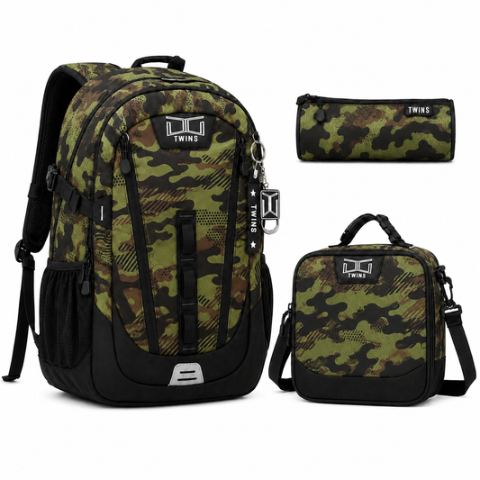 17"  Backpack 3PCS TWINS Army Green || شنطة ظهر 17 انش 3 قطع توينز جيشي اخضر