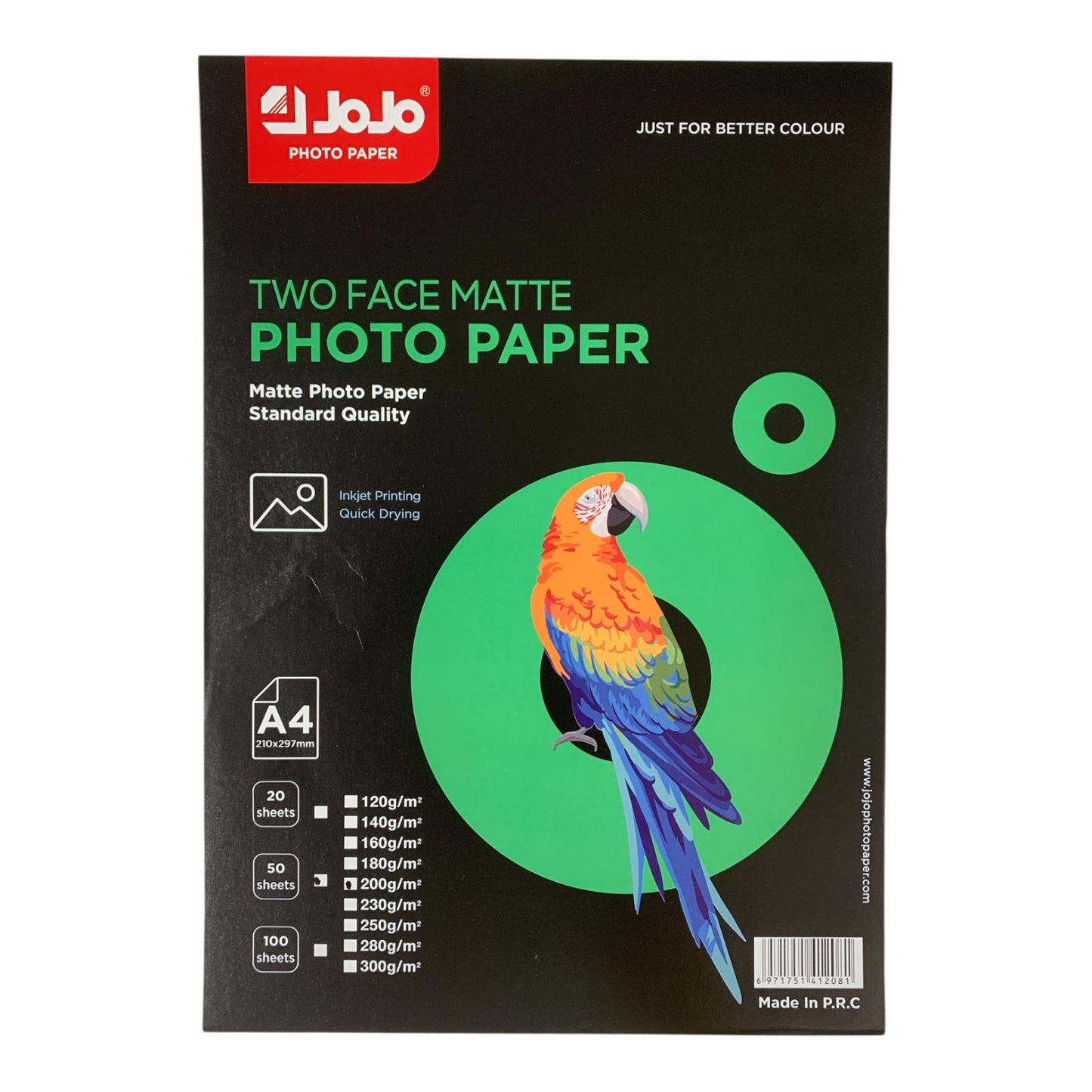 JoJo photo paper packaging with a parrot illustration on a black background