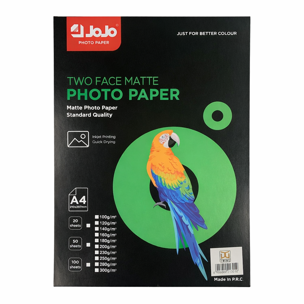 Jojo Two Face Matte Photo Paper 50 Sheets A4 Size 250 gsm	ورق جوجو مطفي وجهين ٥٠ ورقة حجم اي فور سماكة ٢٥٠ جرام
