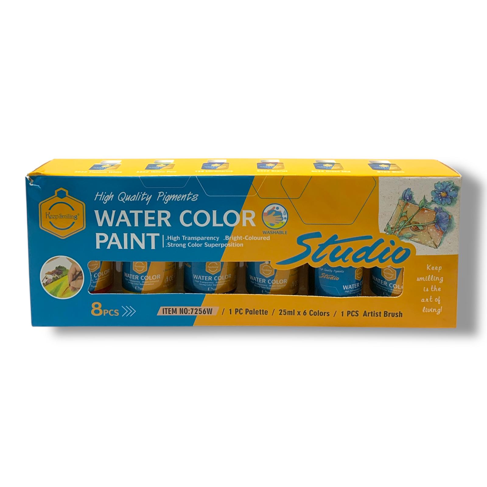 Keep Smiling Water Color Paint 6 Colors 25 ml + 1 Palette + 1 Brush || الوان مائية كيب سمايلينج 6 لون 25 مل و باليته و فرشة
