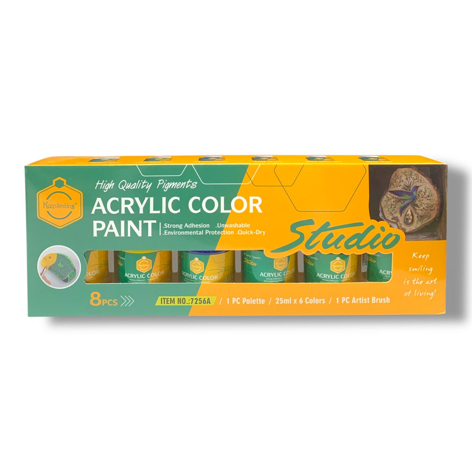 Keep Smiling Acrylic Color Paint 6 Colors 25 ml + 1 Palette + 1 Brush || الوان اكريليك كيب سمايلينج 6 لون 25 مل و باليته و فرشة