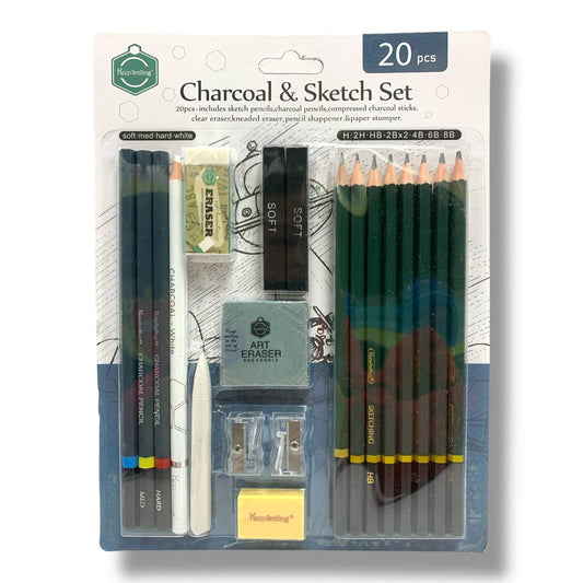 Keep Smiling Charcoal and Sketch Set 20 Pcs || مجموعة اقلام رسم سكتش و فحم 20 قطعة