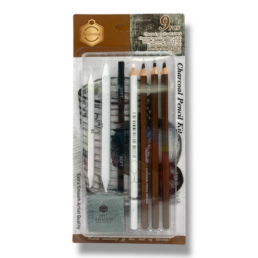 Keep Smiling Charcoal Pencil Kit 9 Pcs || مجموعة اقلام رسم فحم 9 قطعة