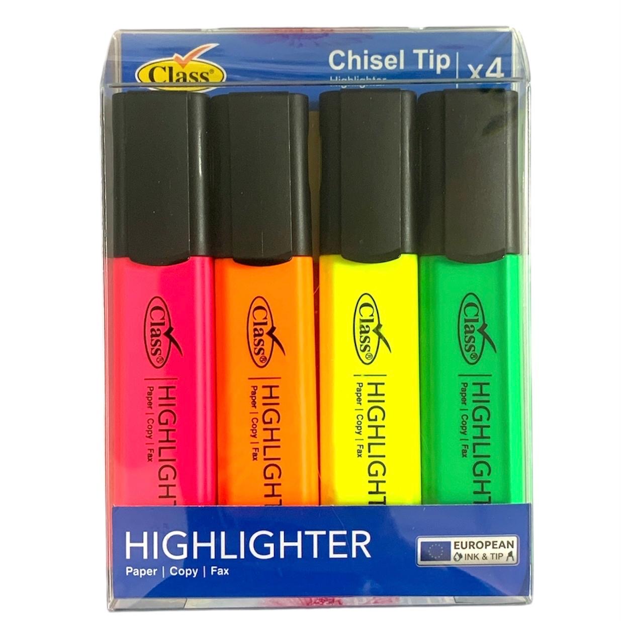 Class Highlighters 4 Colors Chisel Tip || الوان تضليل هايلايتر كلاس راس مشطوف ٤ لون