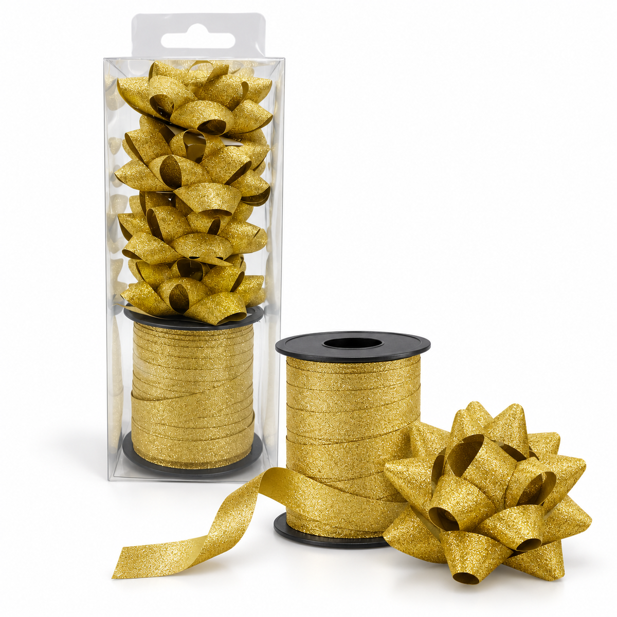 Gold Glitter Ribbon and Bow Pack || شريط ريبون و زهرية زري لون ذهبي
